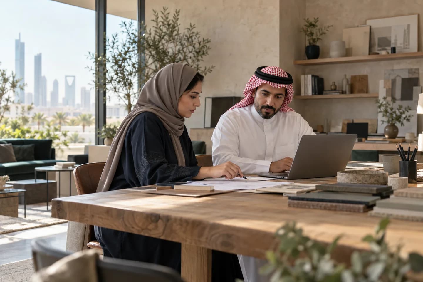 Original AI-generated editorial scene of Saudi business partners reviewing their work; not actual customers.