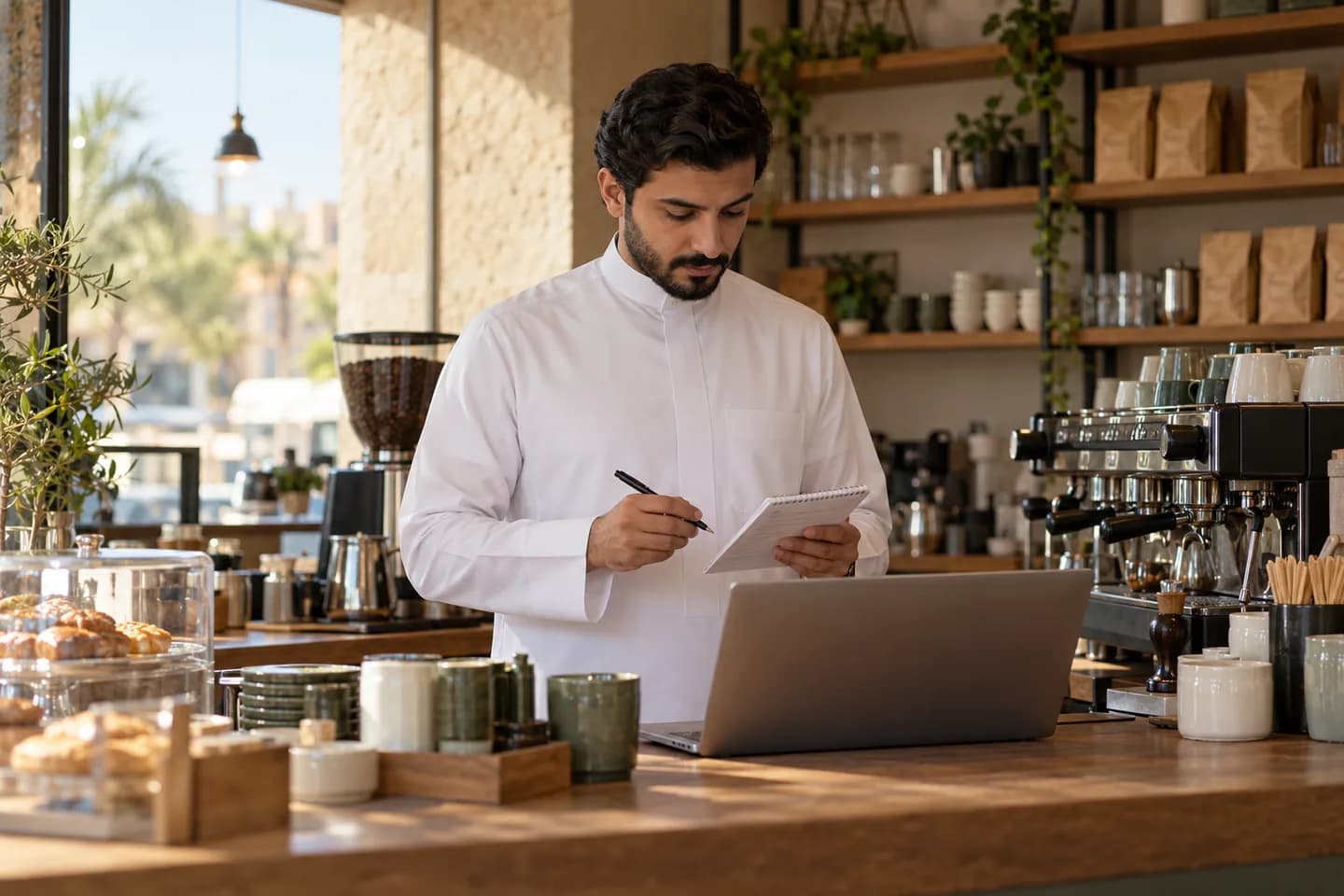 Original AI-generated editorial scene of a Saudi cafe owner reviewing stock; not an actual customer.